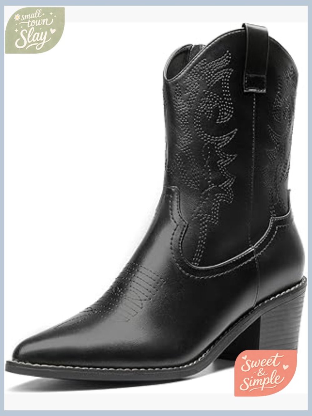 Pointed Toe Chunky Heel Western Ankle Boots with Zipper Pull-On